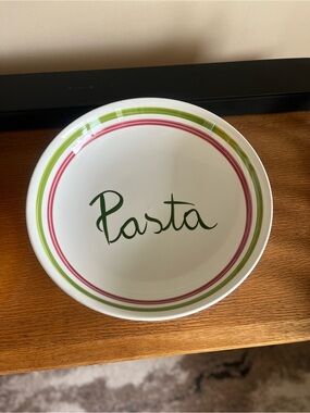 Ceramic Pasta Bowl in White with Green and Pink Accents